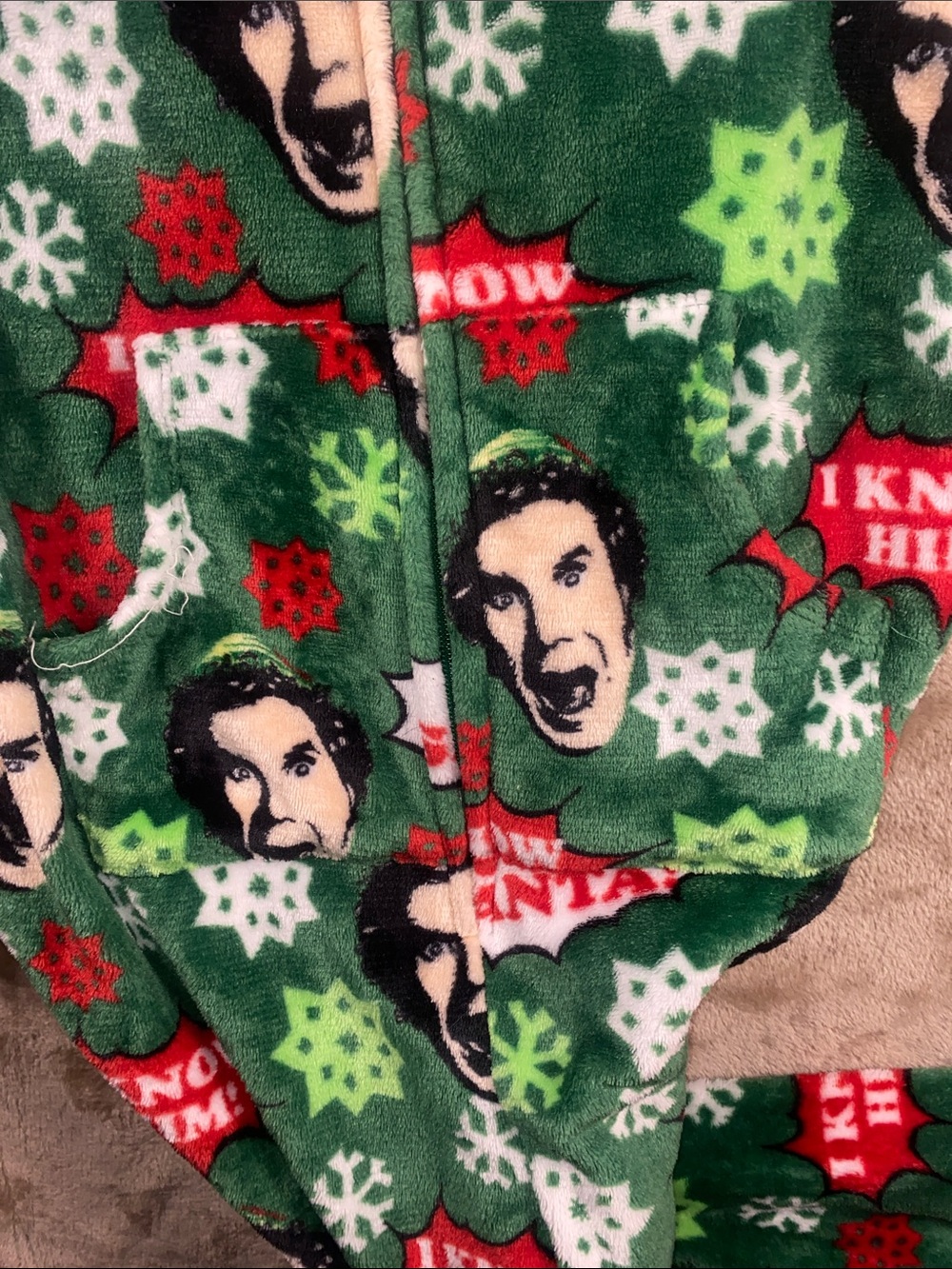 ELF Green Holiday Fleece One-Piece onesie with Hood and Faux Fur Trim - Picture 3 of 3
